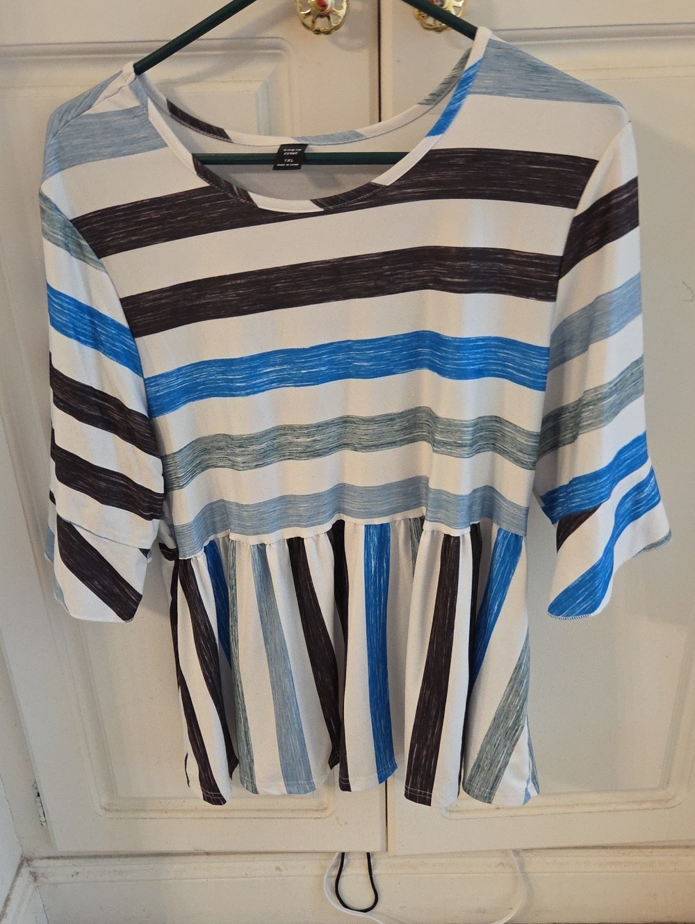 SHEIN Striped Peplum Tunic in Blue, Black & Gray